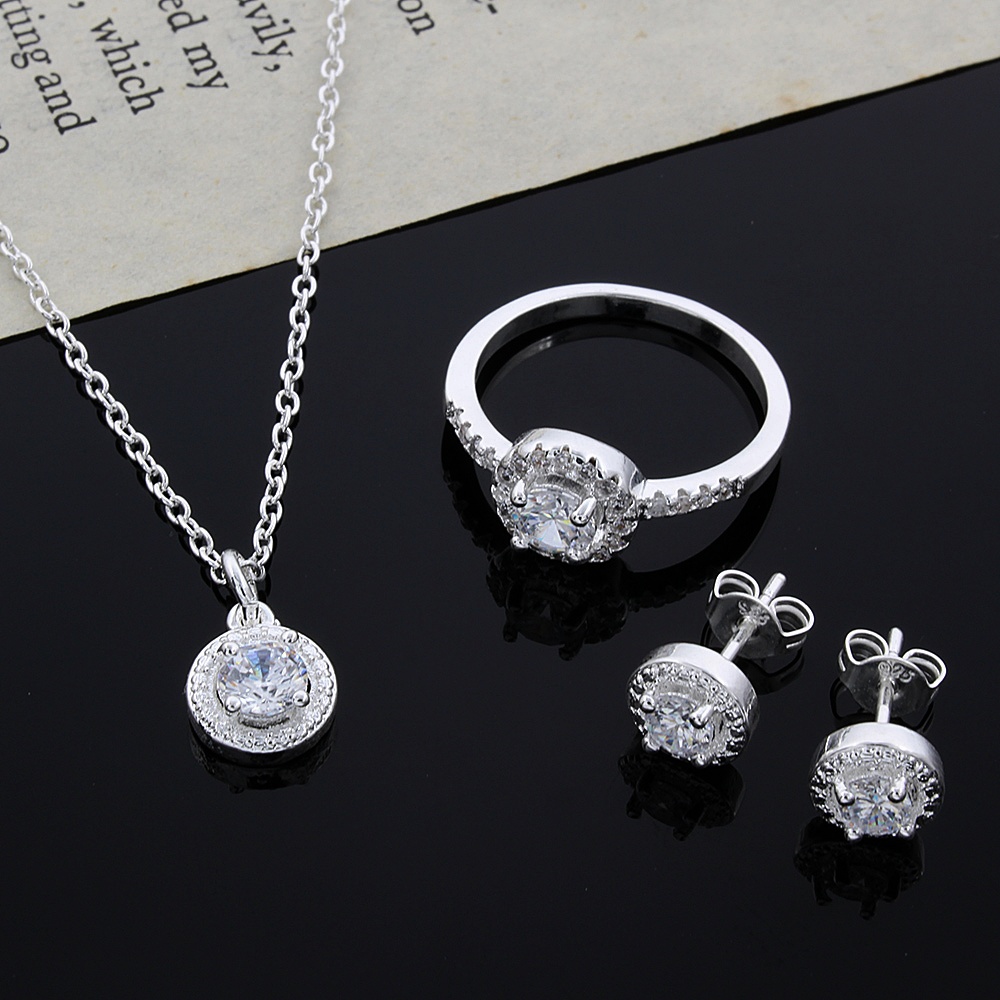 Ensemble de bijoux en argent regardé 925 avec cristal CZ pour femme, collier brillant, boucle d'oreille et bague, cadeau de Noël mignon et solide, mode noble et élégante