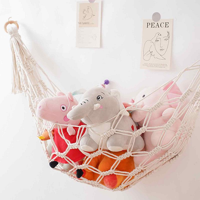 Macrame 해먹 그물 장난감 보관 Boho 장식 어린이 방 장난감 박제 동물 장난감 해먹 그물 보헤미아 보관 홀더 구성