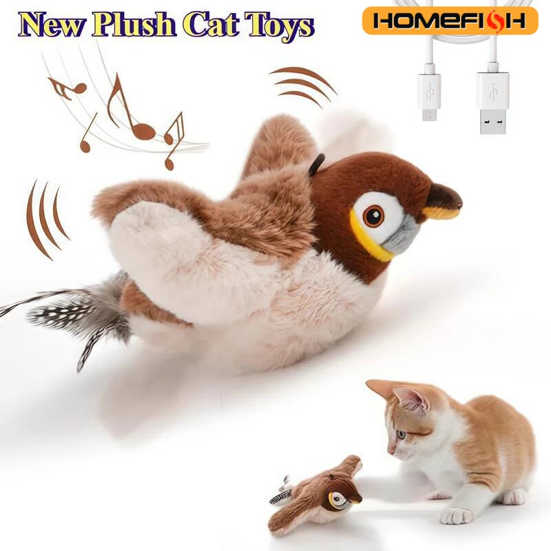 Novo Brinquedo Interativo para Gatos e Cães: Pássaro Simulado Recarregável com Sons e Movimentos (Não Voa), Brinquedo de Pelúcia Ativado por Toque para Pets