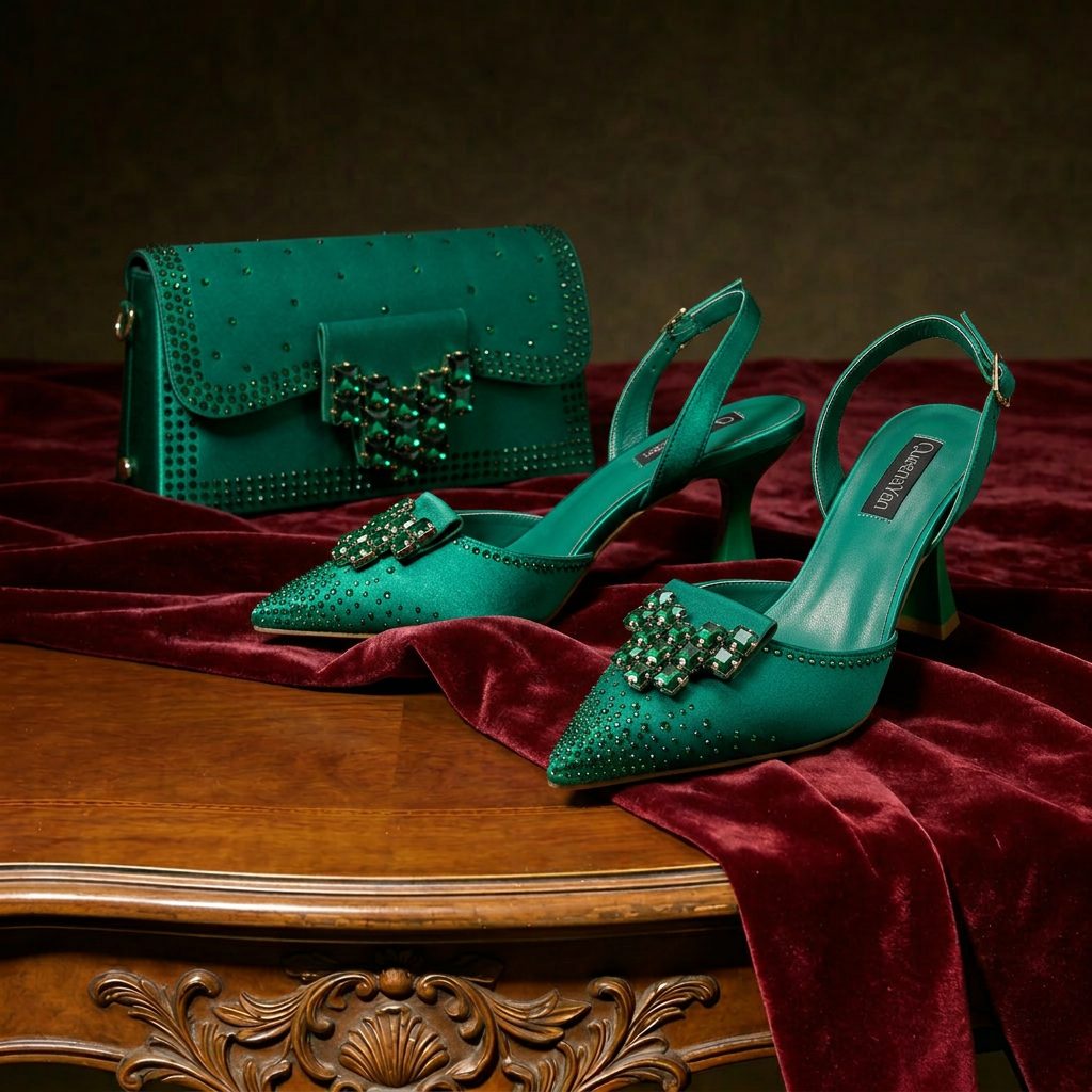 Queen Yan Groene Kleur Strass Comfortabele Damespumps Hakken En Tas Modieuze Stijl Puntige Schoenen Voor Feestelijke Gelegenheden