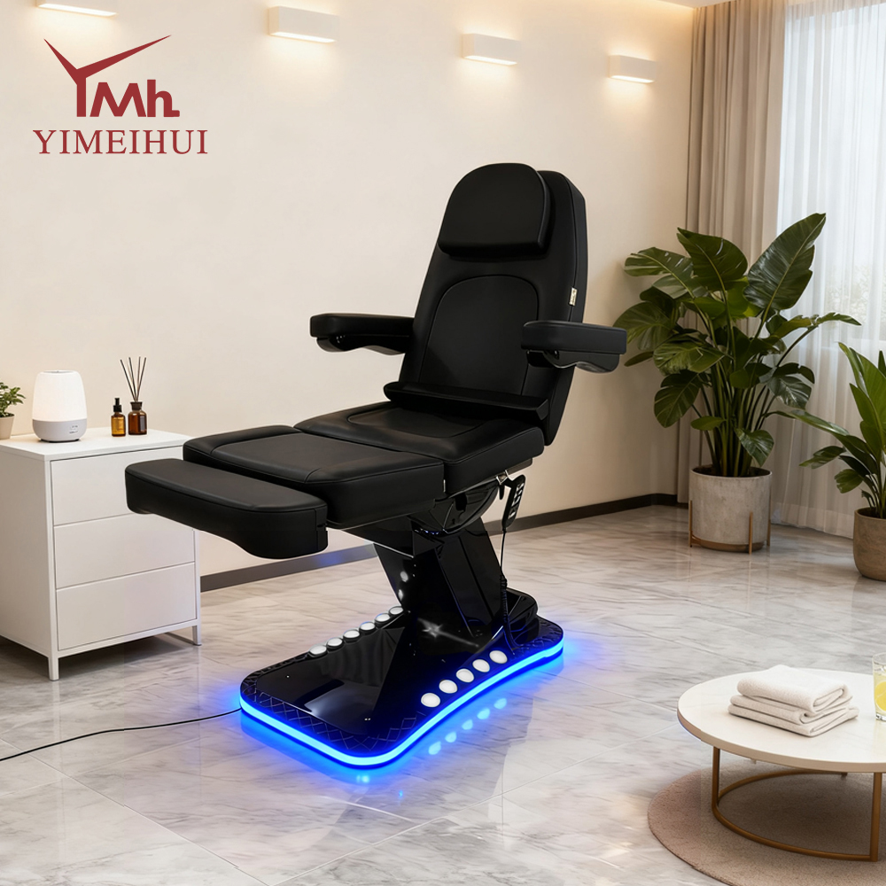 Zwarte elektrische 3-motor esthetische liggende onderzoek tattoo stoel spa massagetafel cosmetische gezichtsschoonheidsbed