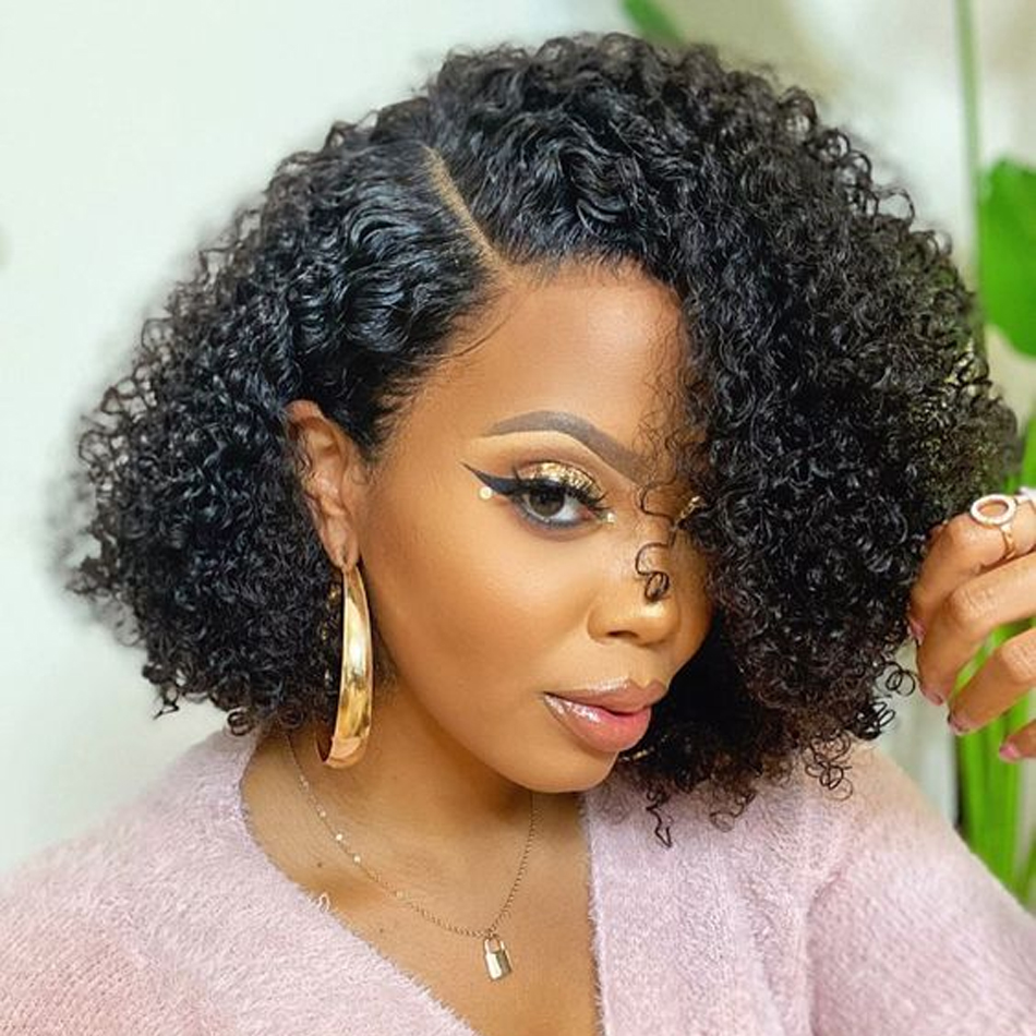 Kinky Curly Bobราคาถูกวิกผมลูกไม้ด้านหน้าผมมนุษย์Wigs 100% บราซิลGluelessสั้นน้ําCurlyสําหรับผู้หญิง 180 ความหนาแน่นสวมใส่และGo