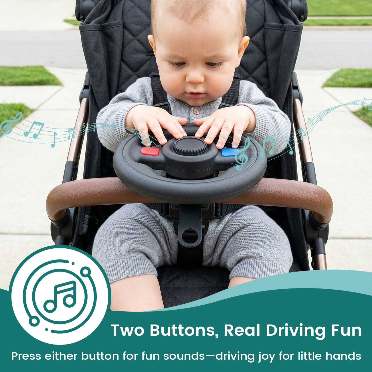 Giocattolo per passeggino con volante, simulatore di guida musicale con suono clacson, supporto regolabile a 360° °   Giocattolo Girevole per Bambini