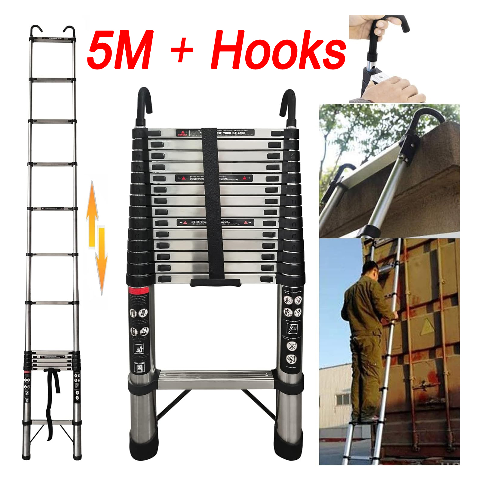 Escada Telescópica 5M/16.4FT com Ganchos Destacáveis, Capacidade Máxima de 150KG, Escada Portátil Multifuncional Extensível