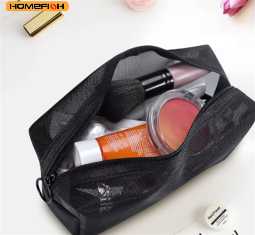 Large Capacity Breathable Mesh Toiletry Bag, Transparent Washable Foldable Cosmetic Bag, Portable Travel Zipper Makeup Storage