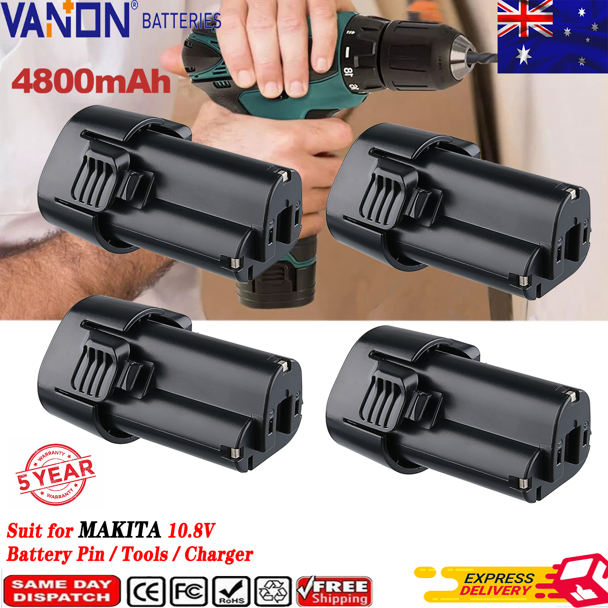 VANON 1/2/4 Pack 10,8 В 4,8 Ач литий-ионный аккумулятор, замена штифта батареи Makita, совместимый с BL1013 BL1014 194550-6 194551-4