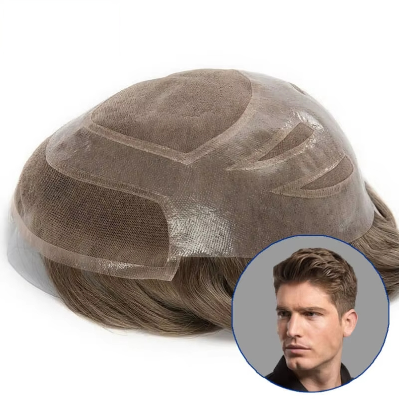 Sistem Rambut Mono Halus untuk Pria, Lace Front dengan Hybrid Mono dan Kulit, Prostesis Kapiler Bernapas, Toupee Rambut Asli untuk Pria