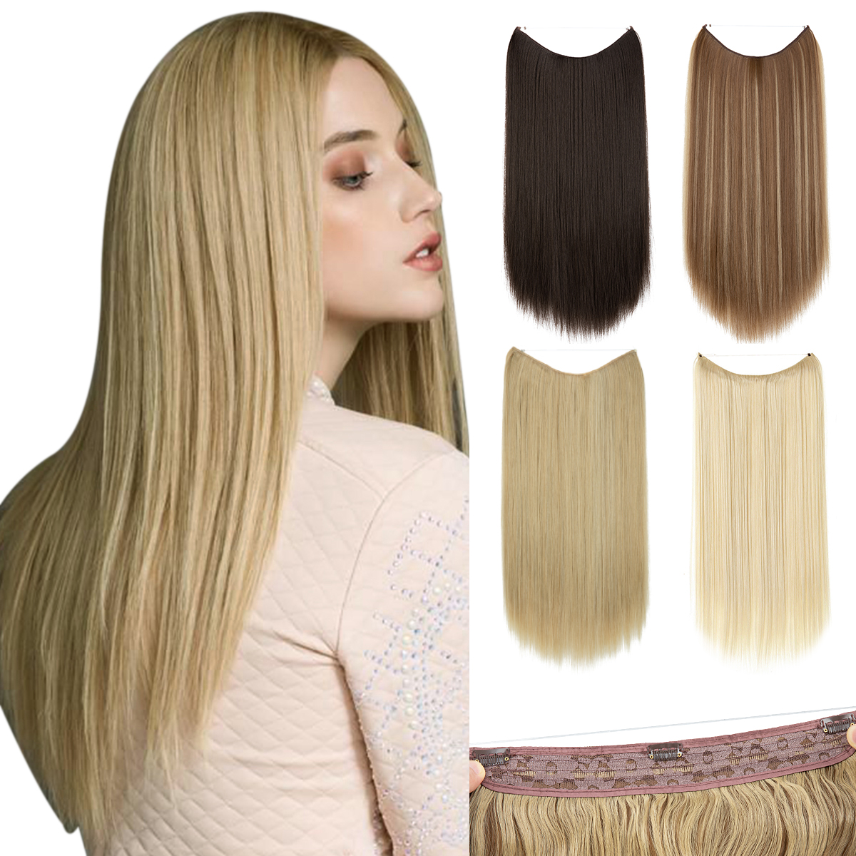 Extensões de cabelo de fio invisível sintético, resistente ao calor, premium, com clipes, postiços, longo, natural, reto, cabelo falso para mulheres