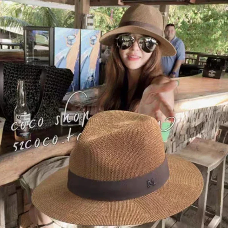 UV baru topi Pria Wanita modis huruf M topi jerami topi matahari Panama musim semi kasual musim panas pantai klasik jerami Jazz topi baskom grosir