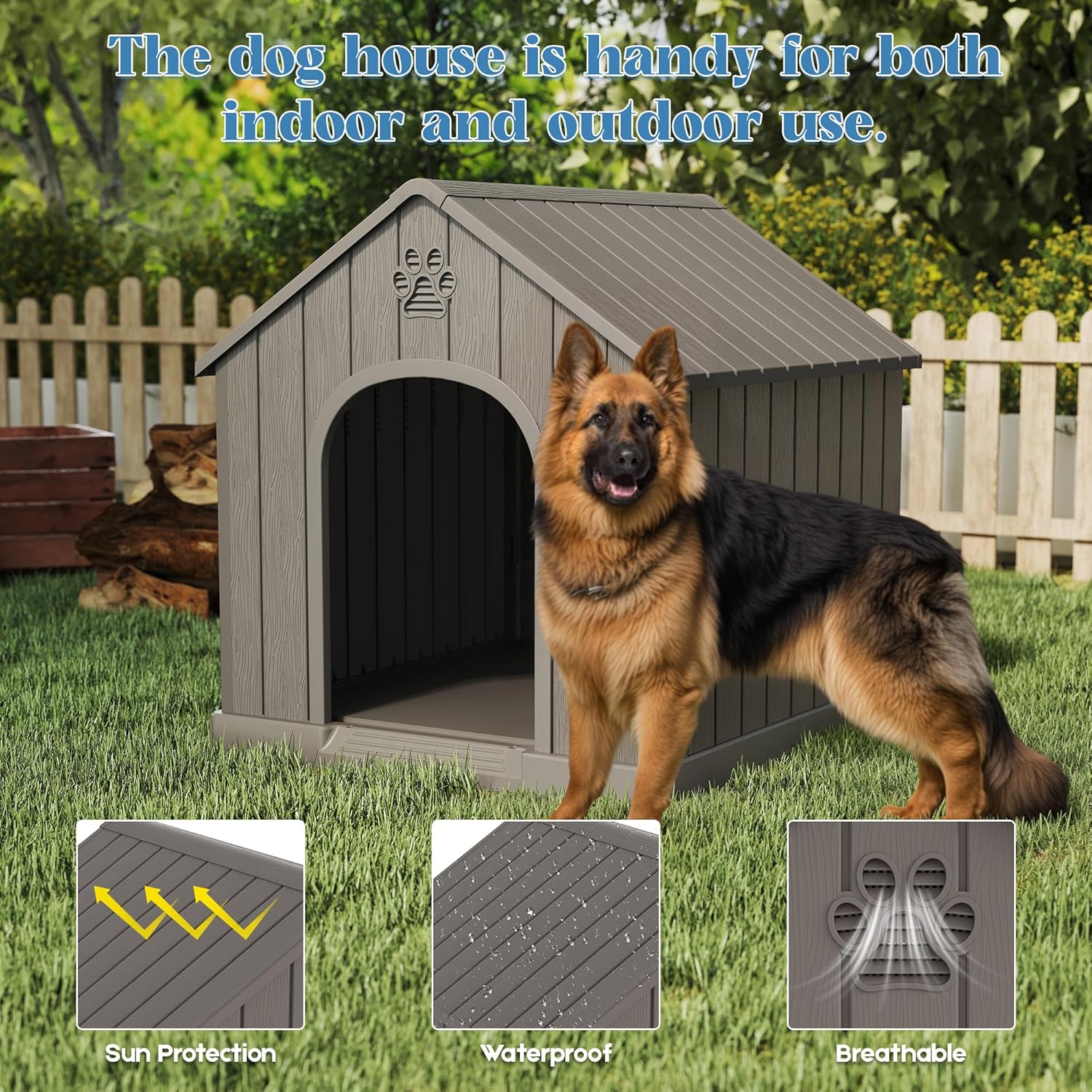 Casa para Perros Grandes, para Interiores y Exteriores, para Perros Medianos y Grandes, Resistente, de Plástico Impermeable, con Ventilaciones, Personalizable
