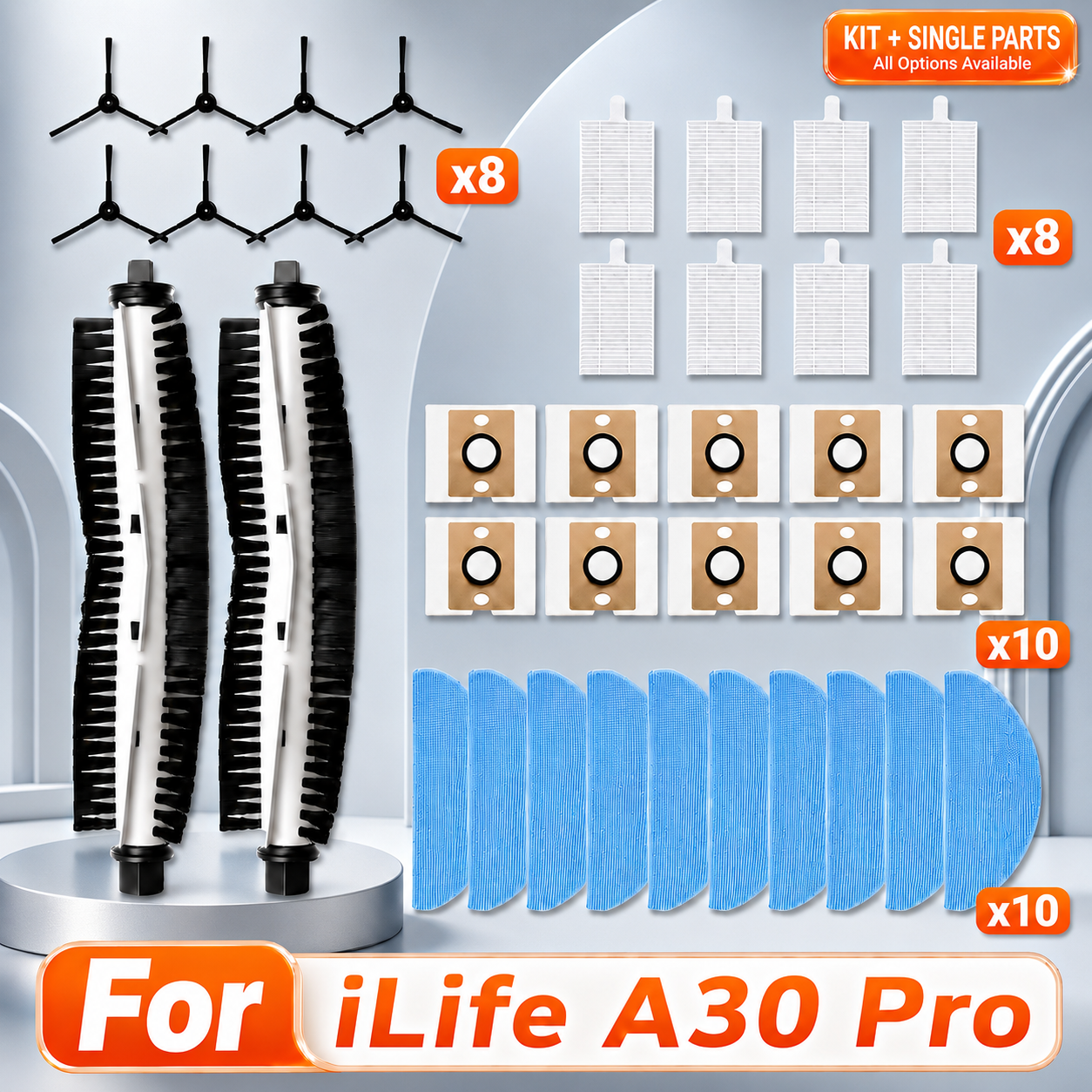 Compatible con ILife A30 Pro Piezas de aspiradora Cepillo principal Cepillo lateral Filtro HEPA Paño de mopa Bolsa para polvo Accesorios de repuesto