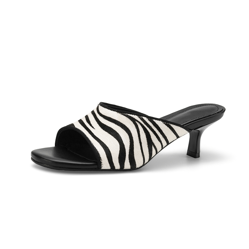 SmallHut Nova Tendência 2026 Verão Mules Femininas de Pelo de Cavalo Sexy com Listras de Zebra Sapatos de Festa em Couro Genuíno Peep Toe Salto Alto