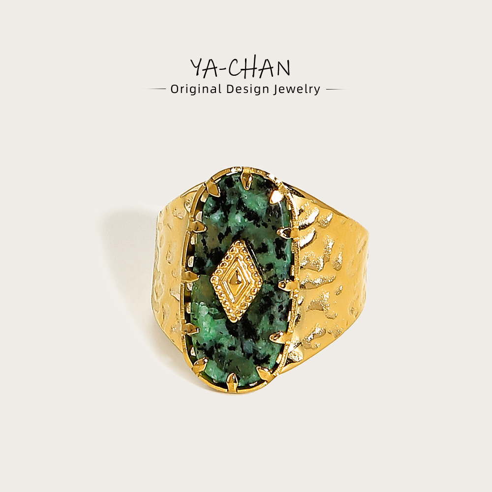 YACHAN-Anéis largos de aço inoxidável para mulheres, banhado a ouro 18 k, textura de metal, pedra natural, anel largo, presente da moda