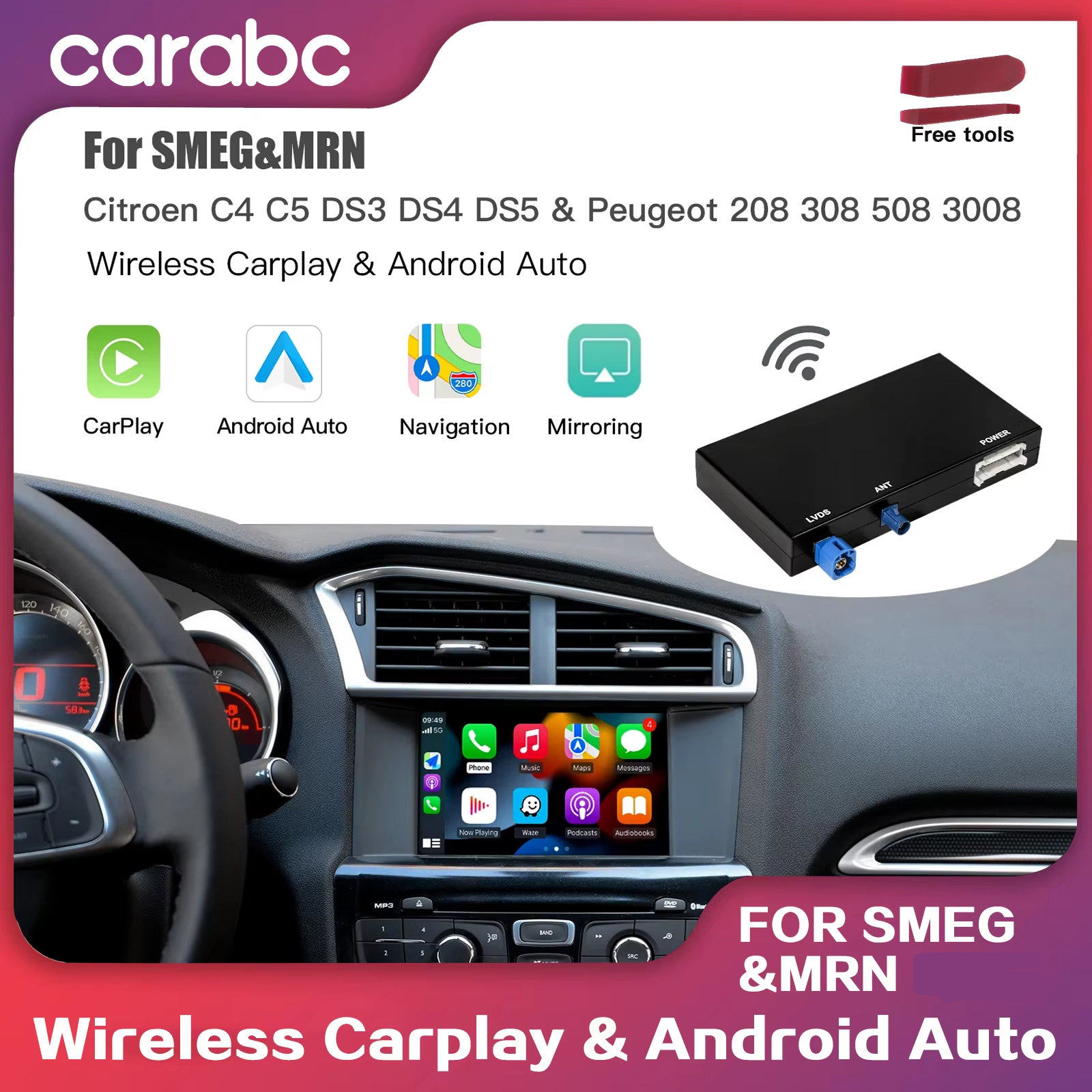 CARABC Drahtlose Carplay-Box für Peugeot Citroen SMEG SMEG+ Picasso C4 C5 DS4 DS3 308 508 208 3008 Android Auto AirPlay Modul