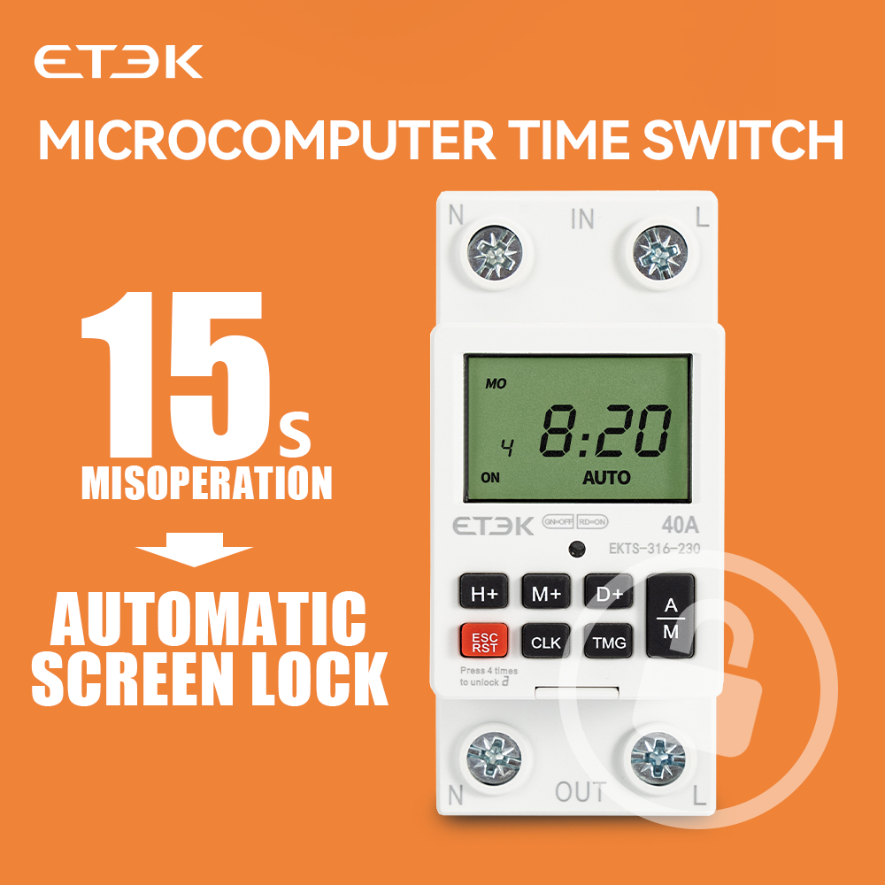 Relé Inteligente Programável Semanal ETEK 220V Din Rail 40A 2p com Bateria e Temporizador de Contagem Regressiva de 7 Dias EKTS316