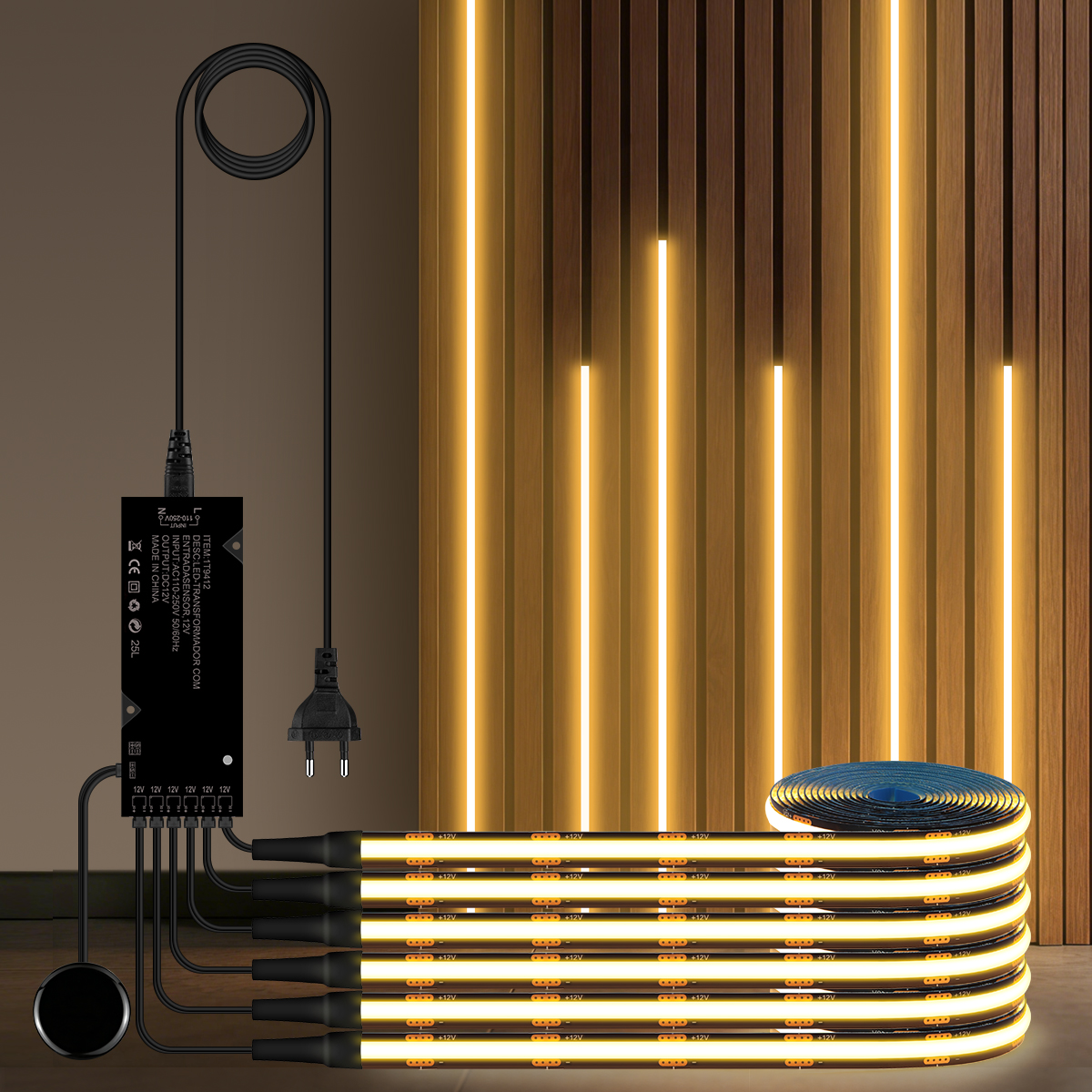 Zwarte PCB FCOB zelfklevende COB LED-lichtstrip walnoot ingebed akoestisch wandpaneel decor handbeweging touch dimmer