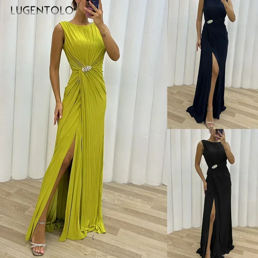 Frauen sexy Kleid neue ärmellose feste Party schlanke Empire Split weibliche elegante Rundhals Mode lange Kleidung