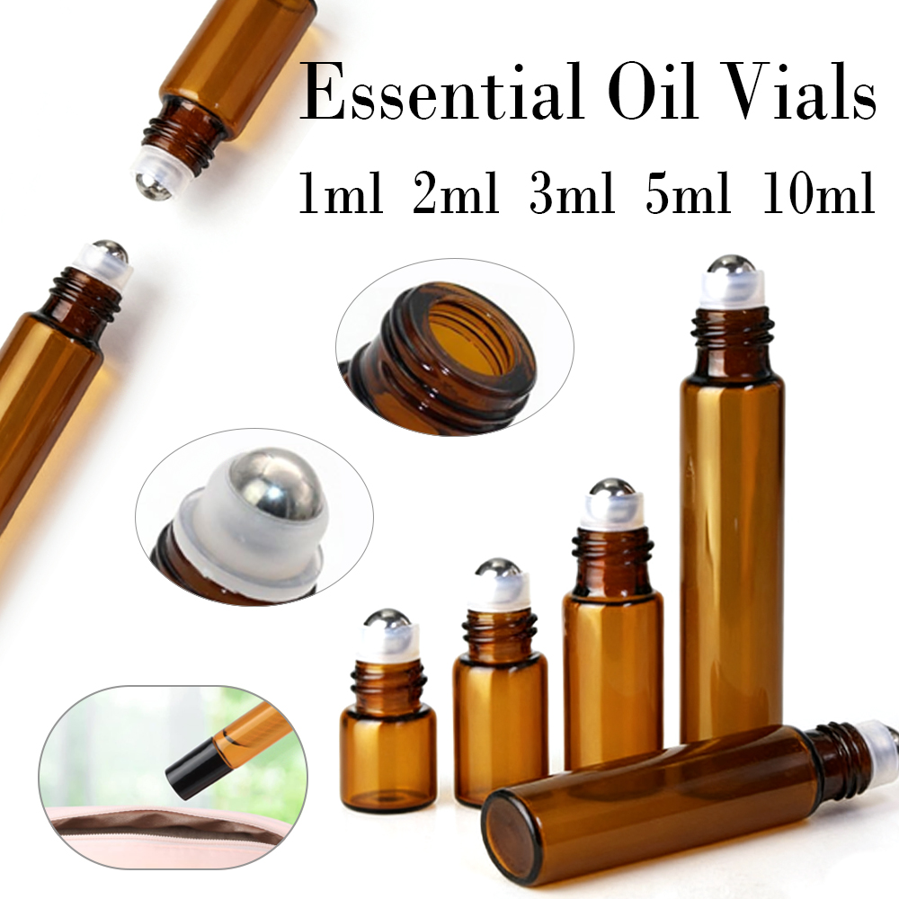 5-50 szt. 1ml 2ml 3ml 5ml 10ml Szklane Buteleczki Roll-On na Olejki Eteryczne Bursztynowe Szklane Butelki z Metalowym Rollerem Wielokrotnego Użytku Mini Buteleczki na Olejki