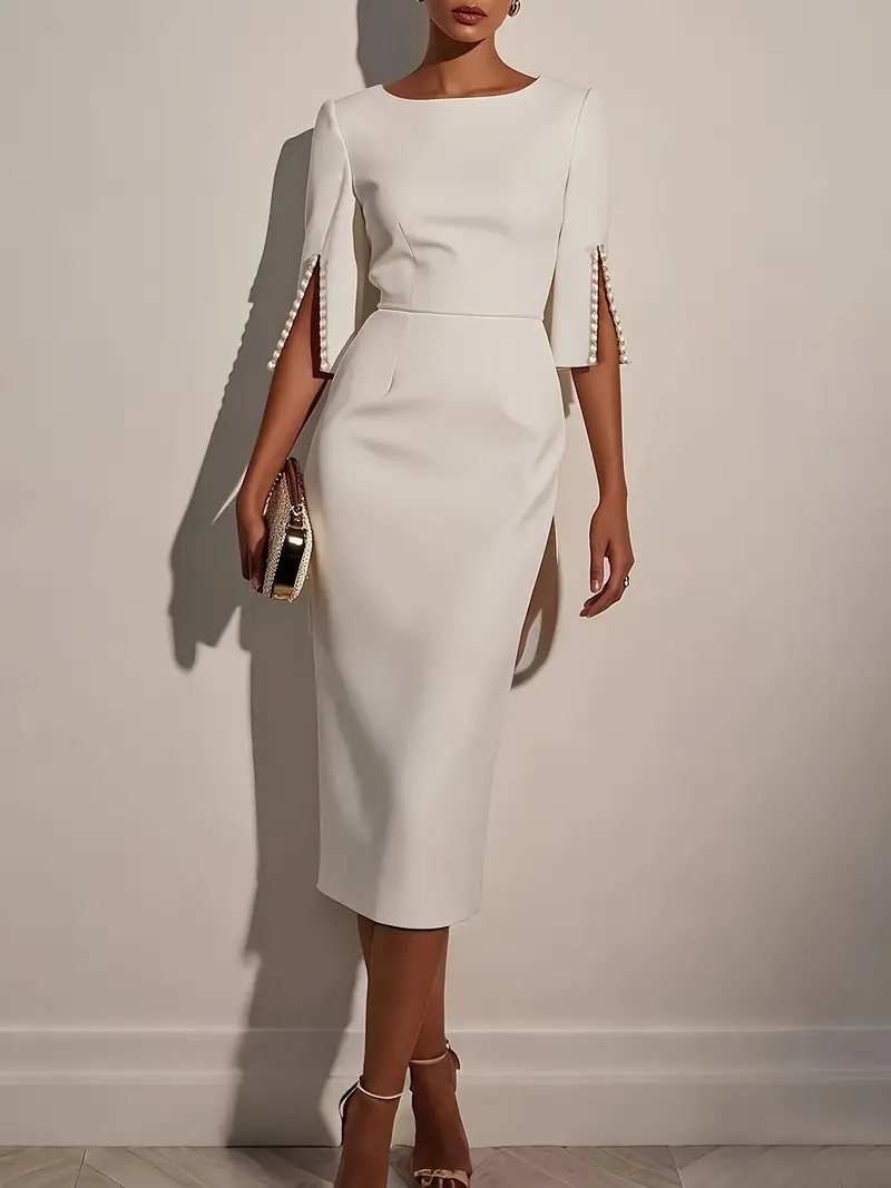 Vestido midi ajustado decorado con cuentas y media manga con cuello redondo elegante de color sólido para mujer