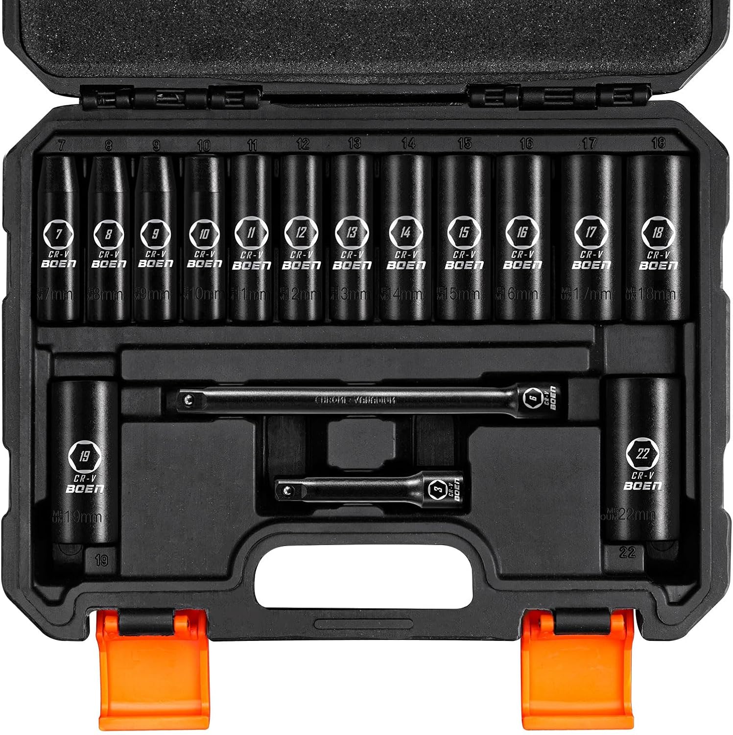 BOEN-Conjunto de soquetes métricos, estojo de armazenamento pesado, aço Cr-V, design de 6 pontos, 3/8 "Drive, 7 a 22mm, 16 peças