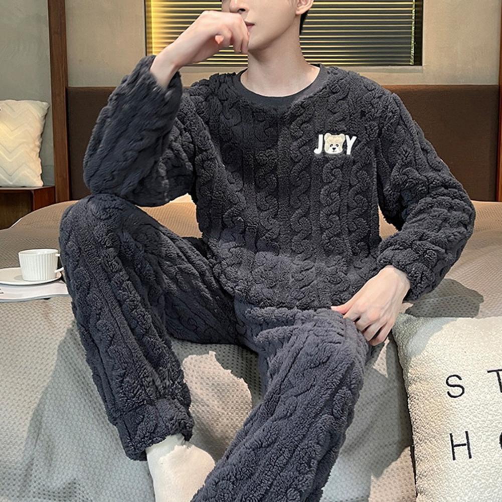 Ensemble de pyjama d'hiver Ecoat pour homme, zones épaisses, col rond, manches longues, optique torsadée, taille élastique Bergame, confortable pour la chaleur