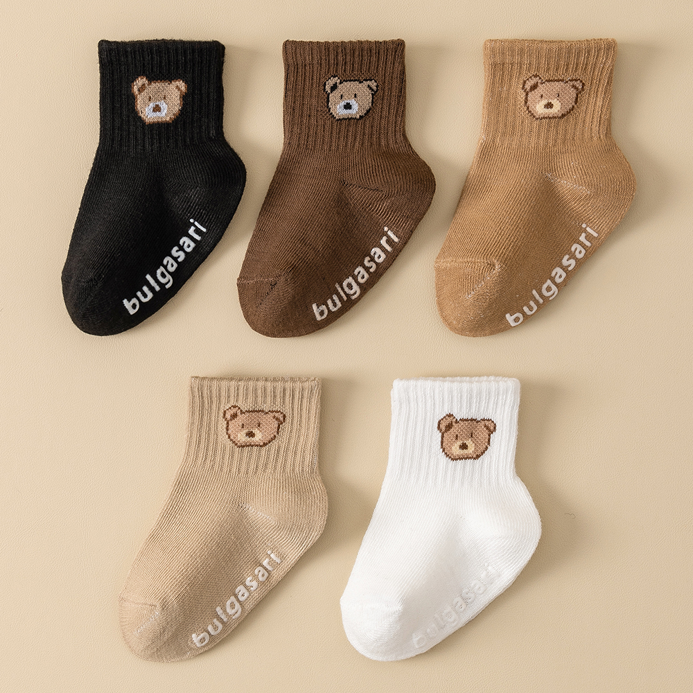 5 Pairs Kids Non-Slip Socks Unisex Baby Ankle Socks All Season Cute Bear Design