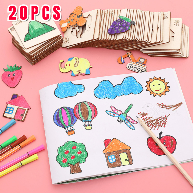 Kit de pochoirs de dessin en bois pour enfants, planche à dessin, jouets, Puzzle de coloriage, artisanat, jouets éducatifs Montessori, modèle d'accessoires, 20 pièces