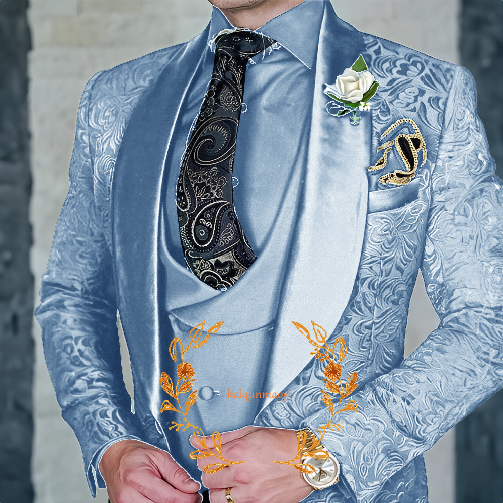 Conjunto de traje de 3 piezas elegante de Jacquard para hombre, chaqueta de esmoquin para novio de boda, pantalones, chaleco, vestido de fiesta Formal, XS-5XL