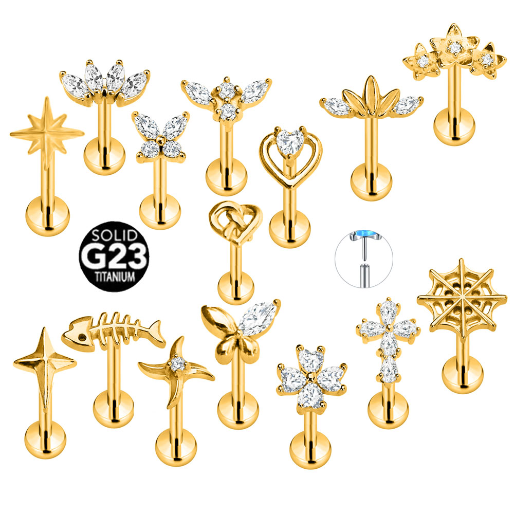 ASTM F136 G23 pétalos de flores de titanio estrella corazón mariposa sin rosca Piercing Pin Push in Labret Daith Concha pendiente 16G 18G 20G