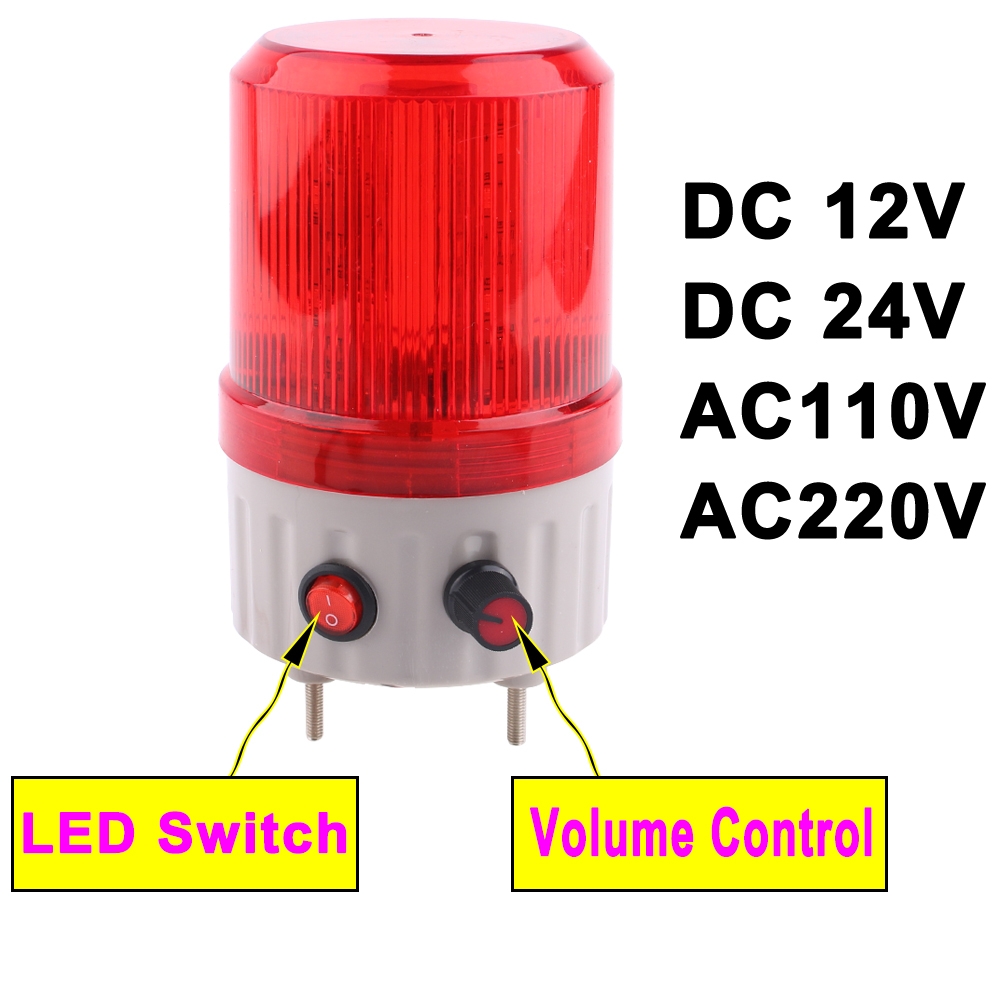 Lautstärke einstellbares Alarmlicht, rotierende blinkende LED-Lampe mit Ton-Warnlicht, AC110 V, 220 V, DC12 V, 24 V, Licht, Ein-Aus, Rot