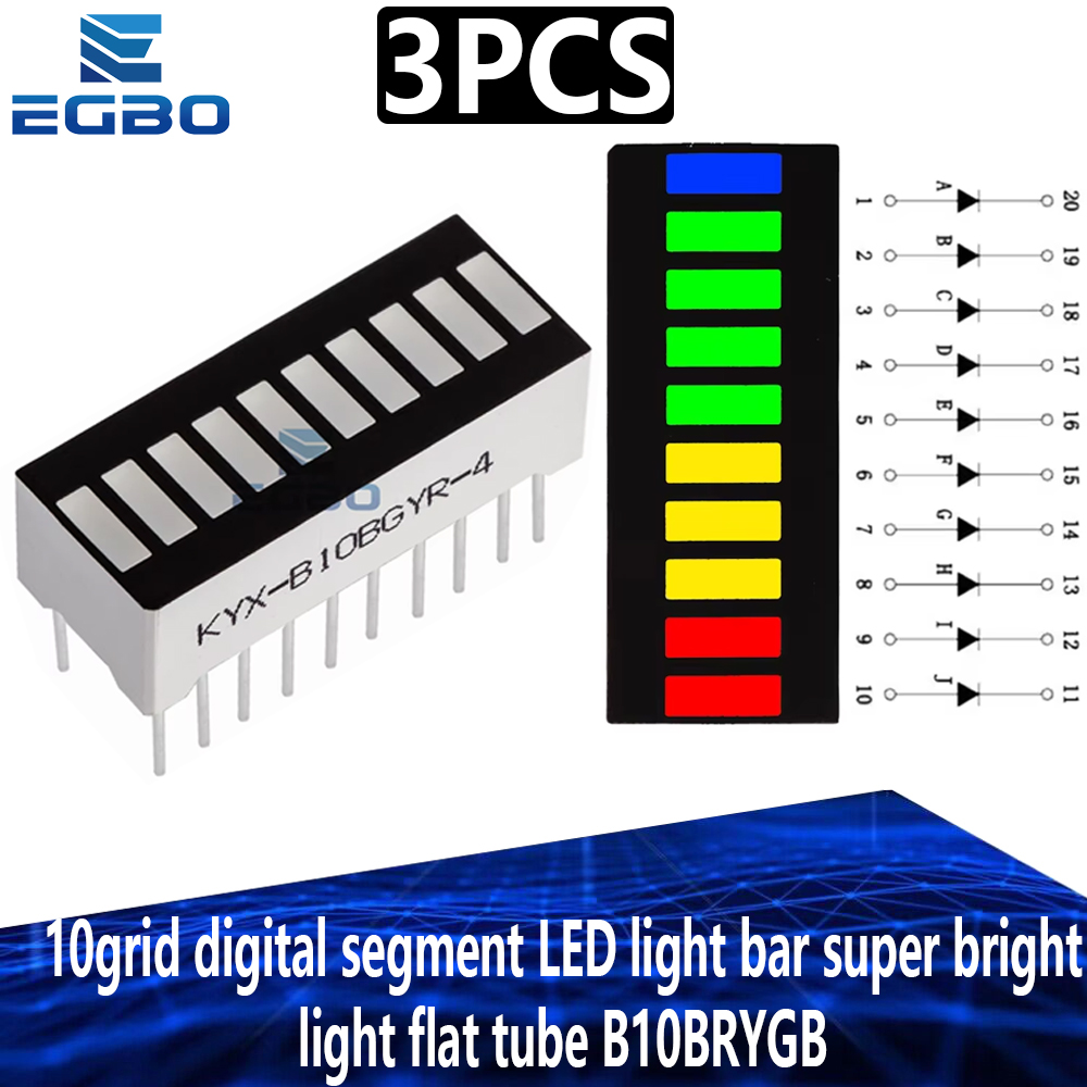 3 pièces EGBO 10 grille segment numérique barre lumineuse LED super lumineux 2 rouge + 3 jaune + 4 vert + 1 tube plat de lumière bleue B10BRYGB