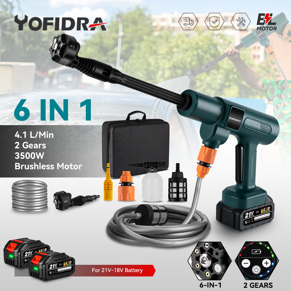 YOFIDRA 200Bar Bürstenloser elektrischer Hochdruckreiniger 6-in-1 Autowasch-Gartenwasserpistole für Makita 21V Akku-Pin-Spritzpistole