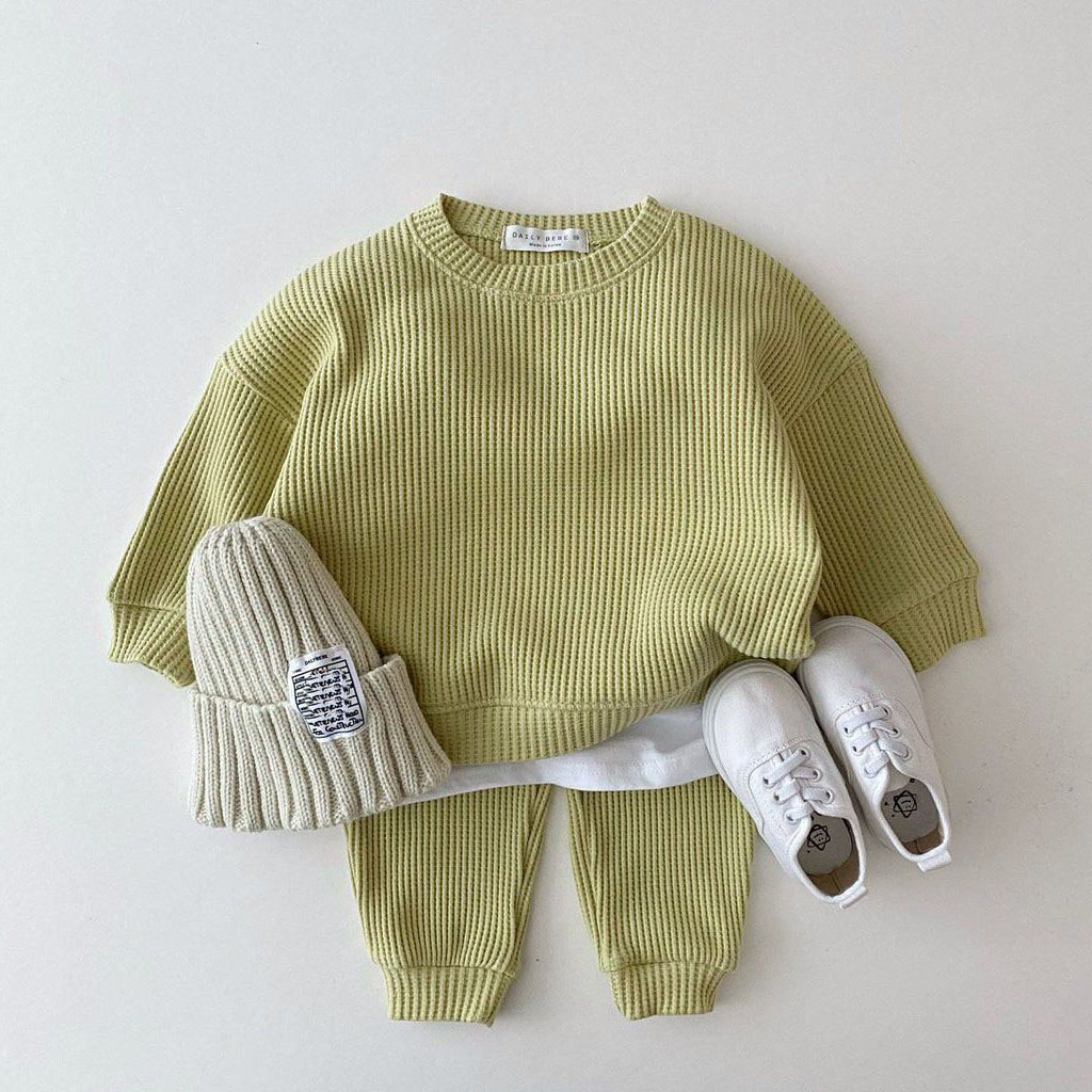 Fashion Set pakaian bayi perempuan, untuk bayi Waffle katun bayi laki-laki Set baju kaus + celana 2 potong pakaian kostum anak-anak