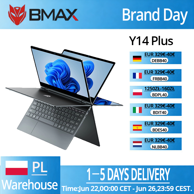 Laptop BMAX Y14 Plus 14 cali z ekranem dotykowym, 16 GB RAM, 512 GB SSD, Intel N150, 1920*1080 IPS, 360 stopni ° Przekładany laptop z systemem Windows 11
