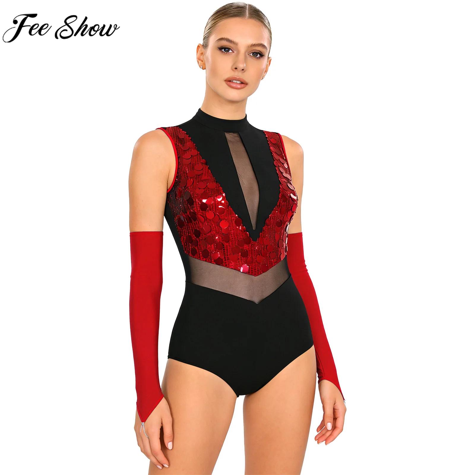 Women Shiny Sequin Figure Skating Gymnastics Leotard Sleeveless Sheer Mesh Bodysuit with Gloves Latin Jazz Dance Cha-cha Costume