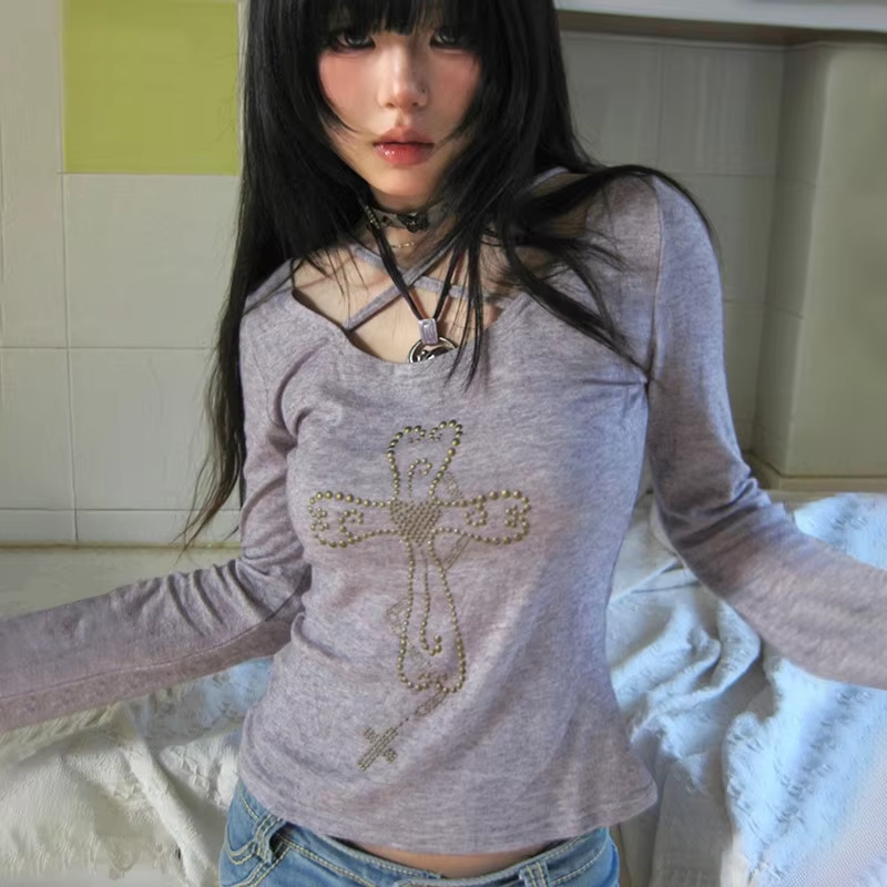 Japonais Y2K tricoté t-shirts femmes Grunge esthétique manches évasées hauts Vintage Harajuku violet tricots américain rétro 2000S