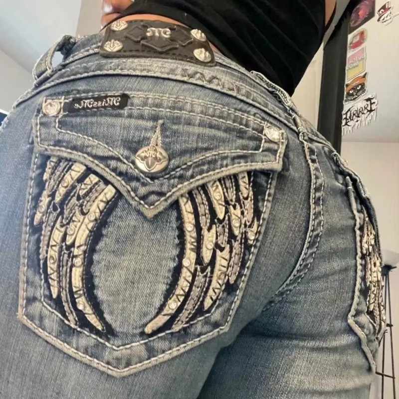 Ретро Miss Me Boot Cut Джинсы Женские Y2K Новые Синие Джинсы Вышитые Крылья Карман Хип-Хоп Harajuku Готические Широкие Брюки Уличная Одежда