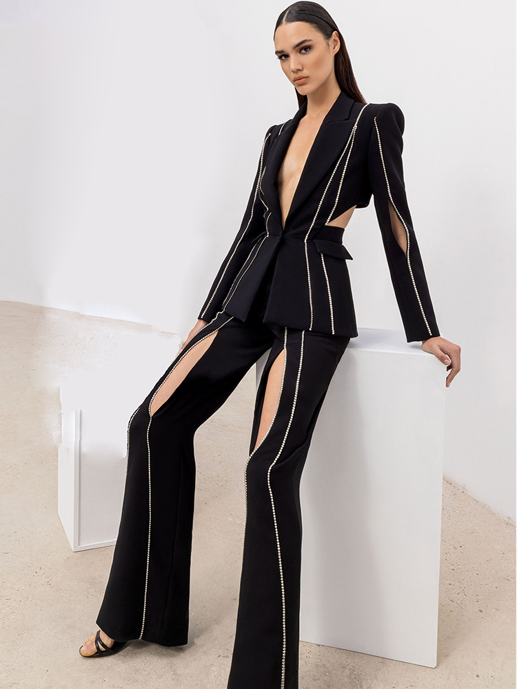 Conjunto de traje de diseñador S/S de alta calidad para mujer, chaqueta con solapa y cuentas de diamantes calados con un solo botón, pantalones acampanados, novedad de 2025