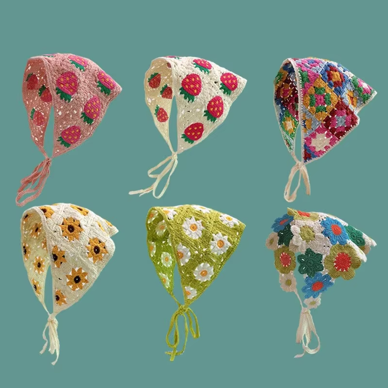 Coreano dulce lindo hecho a mano Crochet hueco triángulo diadema toalla para mujeres niñas flor pañuelo accesorios para el cabello