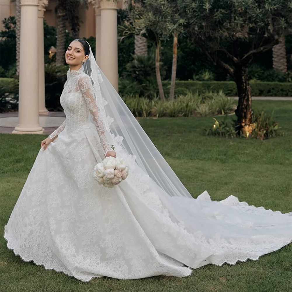 Lace Wedding Dresses High Neck Long Sleeve A Line Bride Dress Sweep Train Princess Bridal Gown Vestido De Novia Customized
