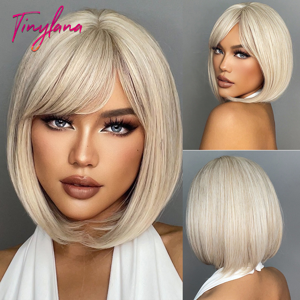 สีขาวสีบลอนด์สีเทาวิกผมสังเคราะห์กับ Bangs สั้นตรง Bob วิกผมสําหรับผู้หญิงคอสเพลย์ทุกวันธรรมชาติผมทนความร้อน