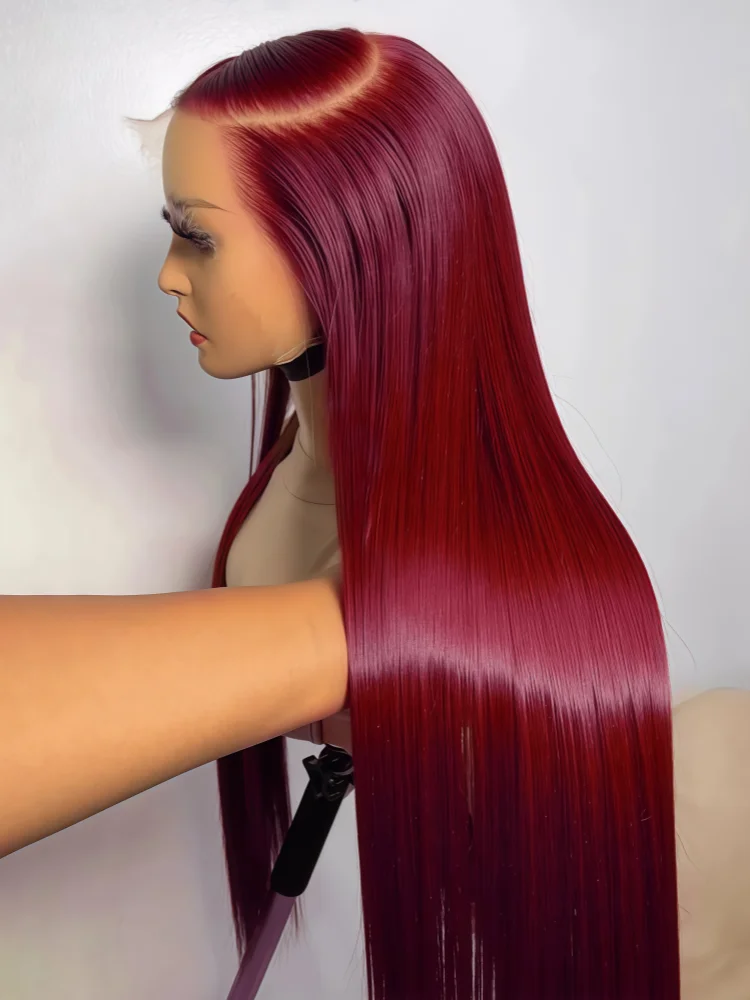 34 Inch 99J Burgundy Straight Brazilian Human Hair Wig 13x4 HD Transparent Lace Frontal Wig Pre Plucked Natural Hairline For Women