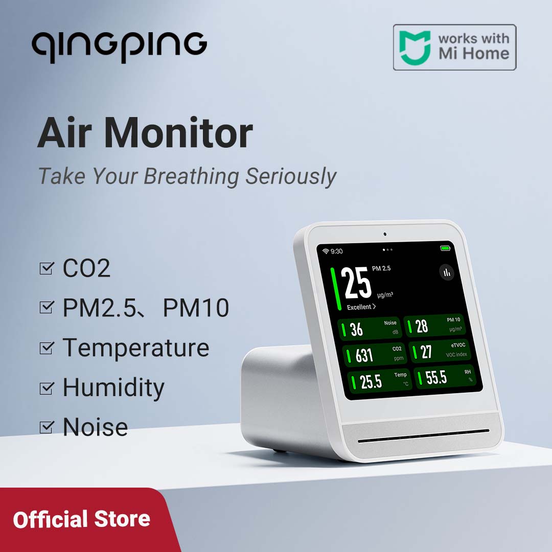 Qingping Air Monitor Gen 2, 7in1 binnenluchtkwaliteitsmeter detecteert PM2.5, CO2, PM10, eTOVC, geluid, temperatuur en vochtigheid, met alarm