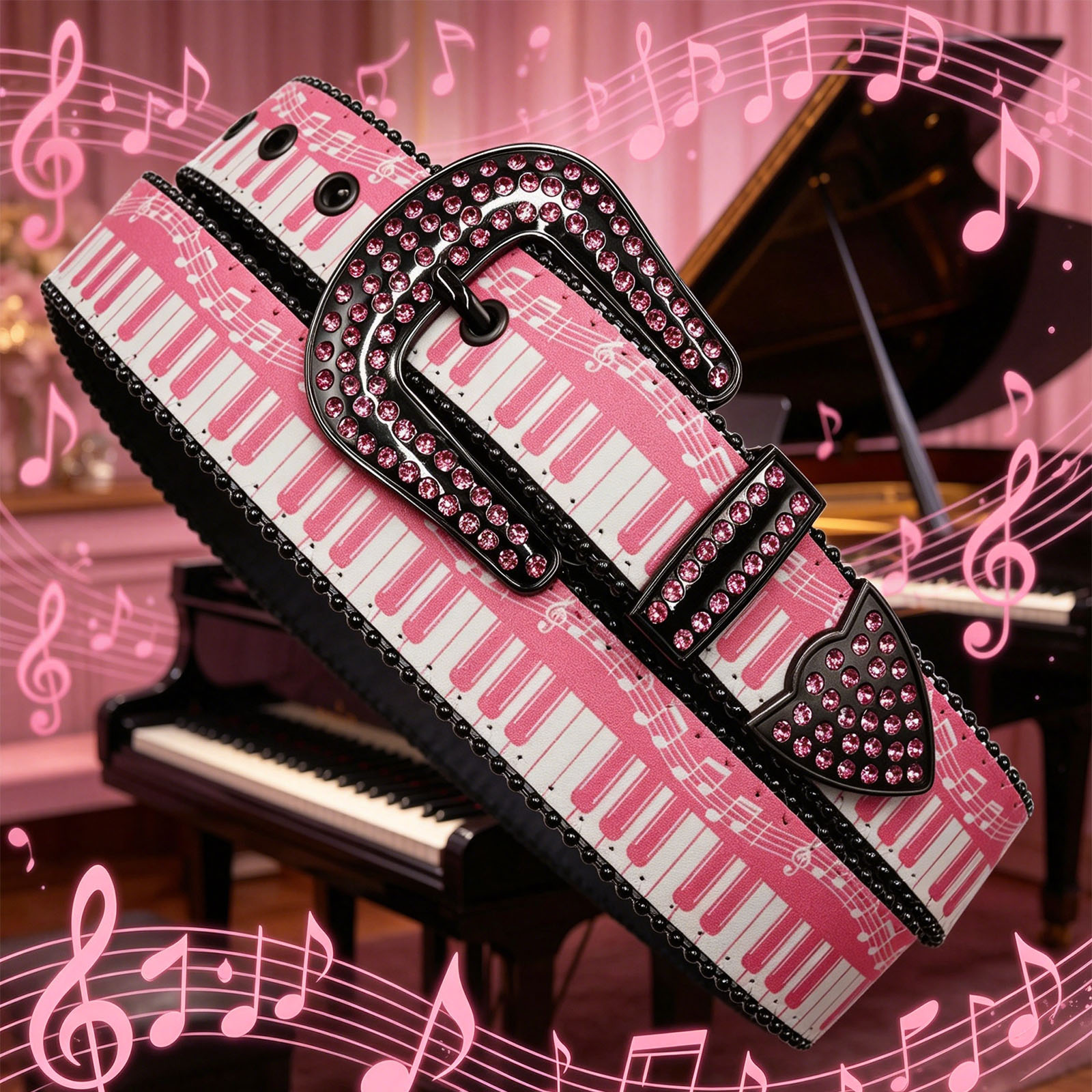 Western Cowboy Rhinestone Buckle PU Belt, Cute Pink Piano Keys & Musical Notes Print Glitter Decor Belt for Women Jeans Pants