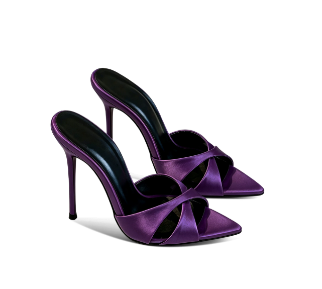 Purple Pointed High Heels, Women's Summer New Style, Slim Heels, Empty Sandals, Temperament, Half Slippers for Wearing Outside