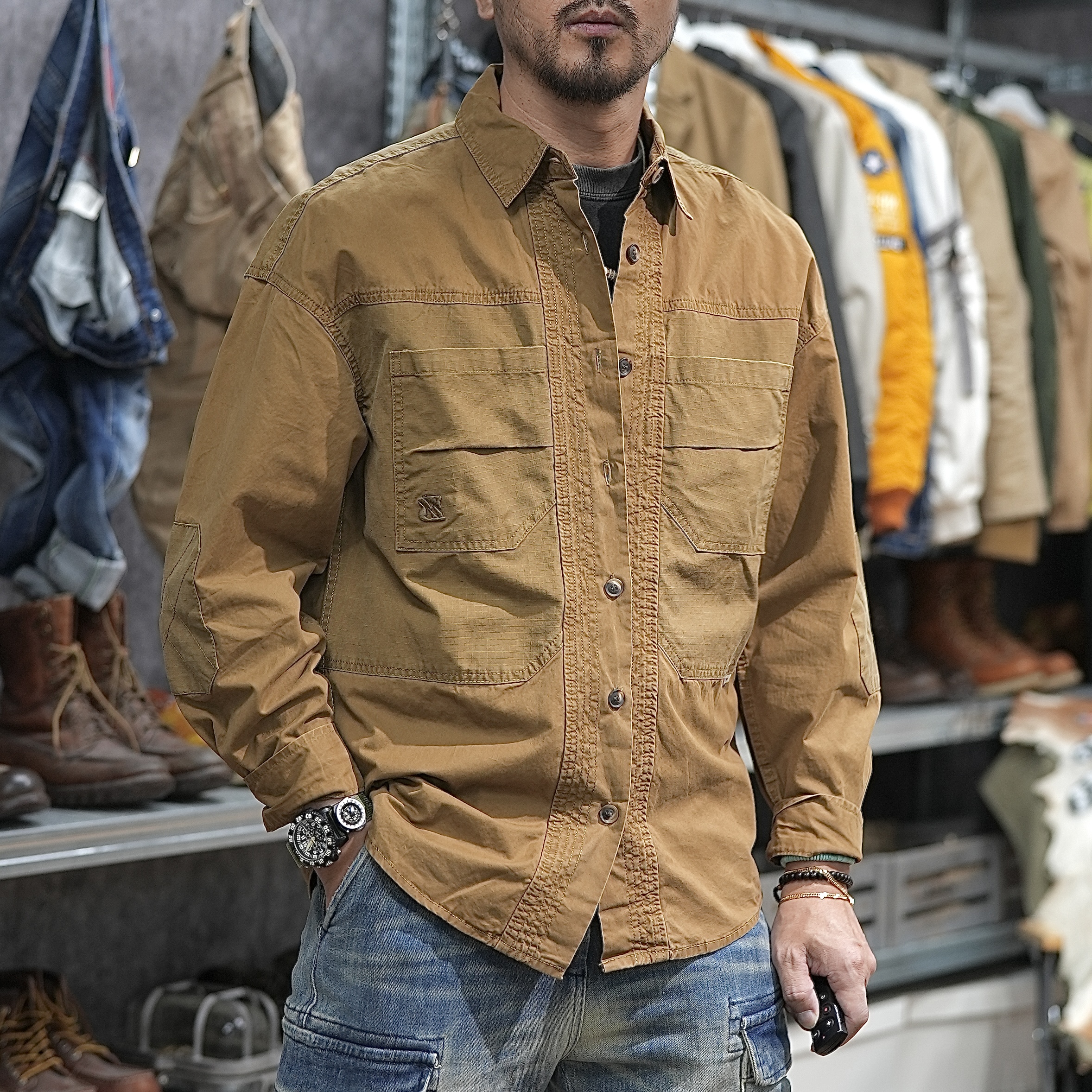 Patchwork utilitário casual ao ar livre camisas de trabalho para homens primavera verão alta qualidade 100% algodão gota ombro safari carga camisa