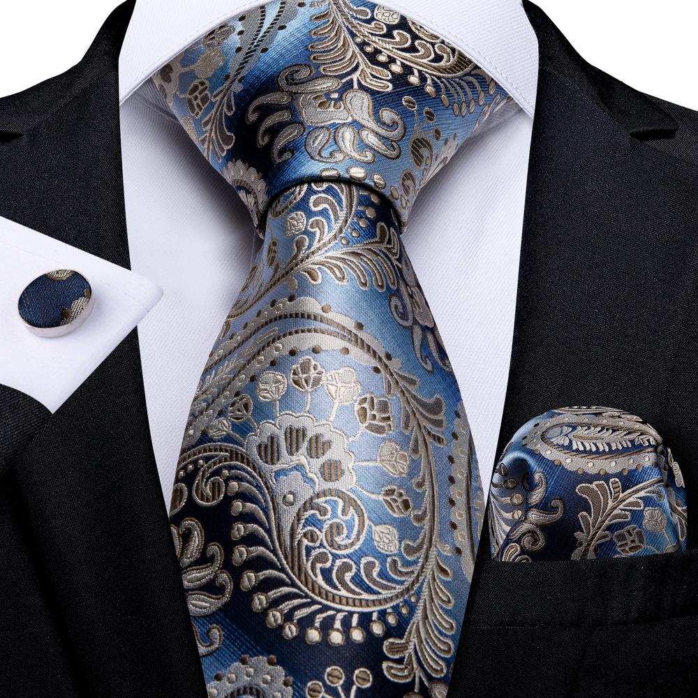 Blauwe Champagne Paisley Design Bruiloft Stropdas Voor Mannen Handky Manchetknoop Cadeau Heren Stropdas Mode Zakelijk Feest Dropship Hi-Tie