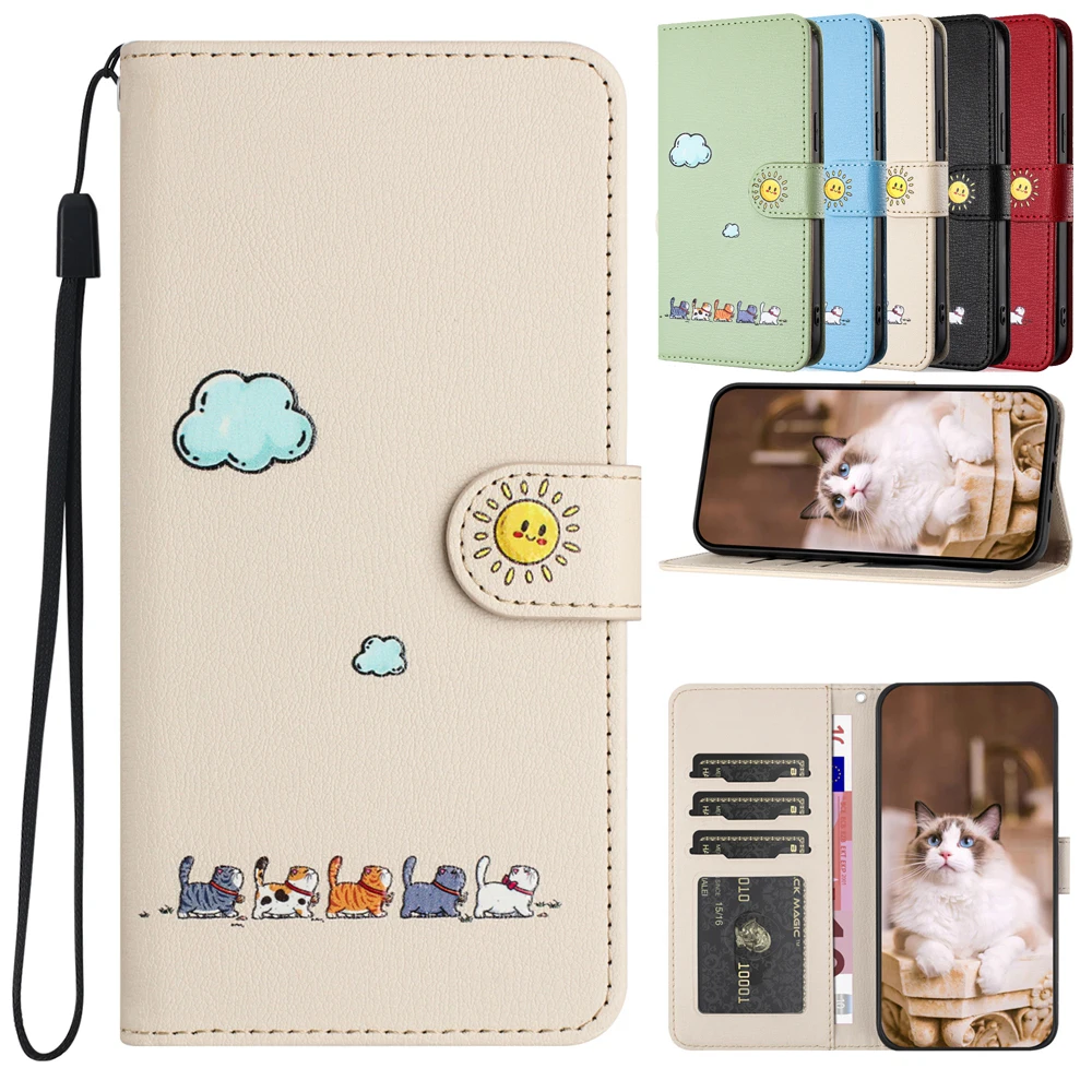 Funda de Teléfono con Diseño de Gato Kawaii para Samsung A56 A16 A54 A24 A25 A34 A14 A15 A35 A05S A55 A13 A23 A33 A53 A32, Funda Tipo Cartera de Cuero con Tapa