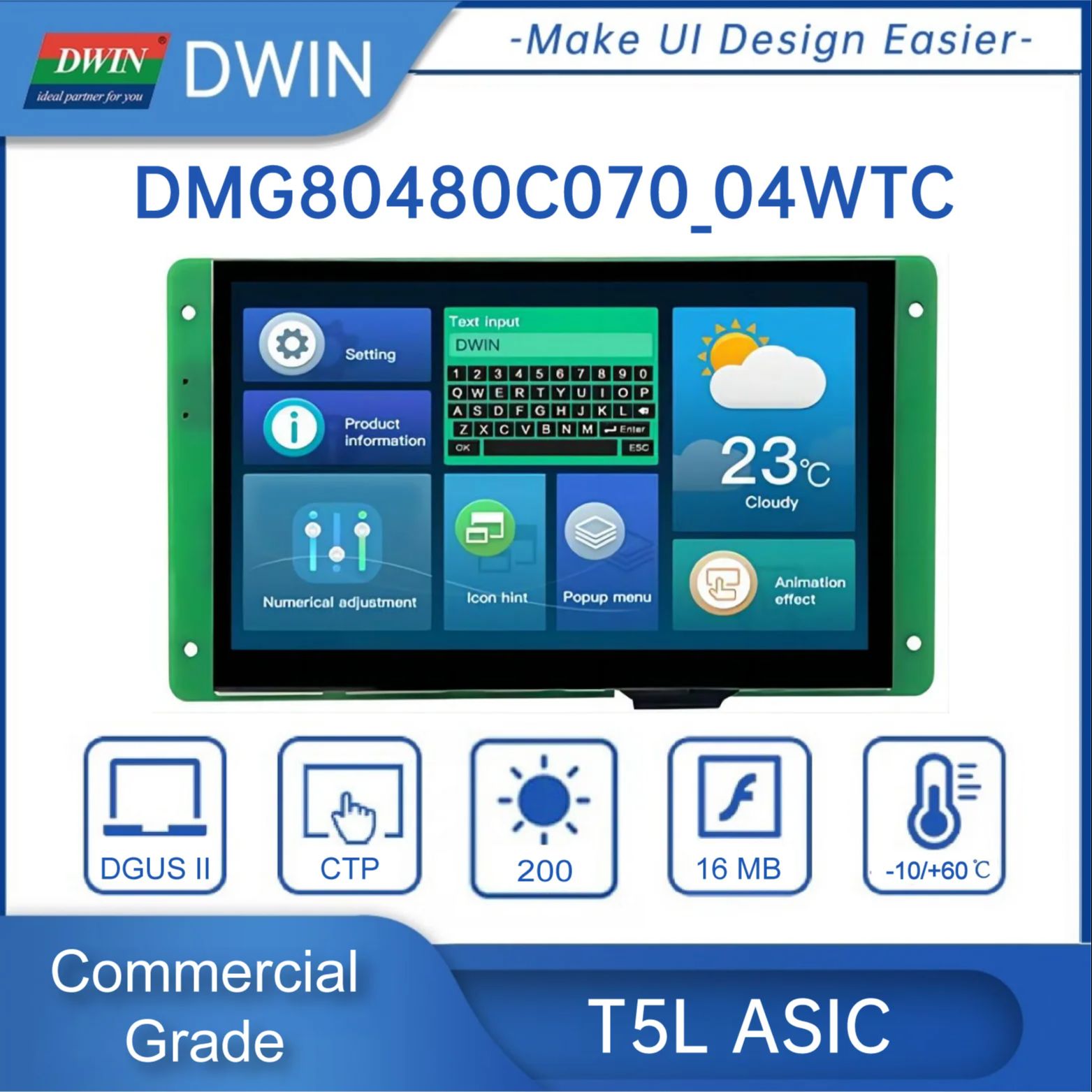 Dwin-インテリジェントプロのタッチパネルディスプレイ,7インチLCDモジュール,800x480 rs232/ttl hmi,DMG80480C070-04W