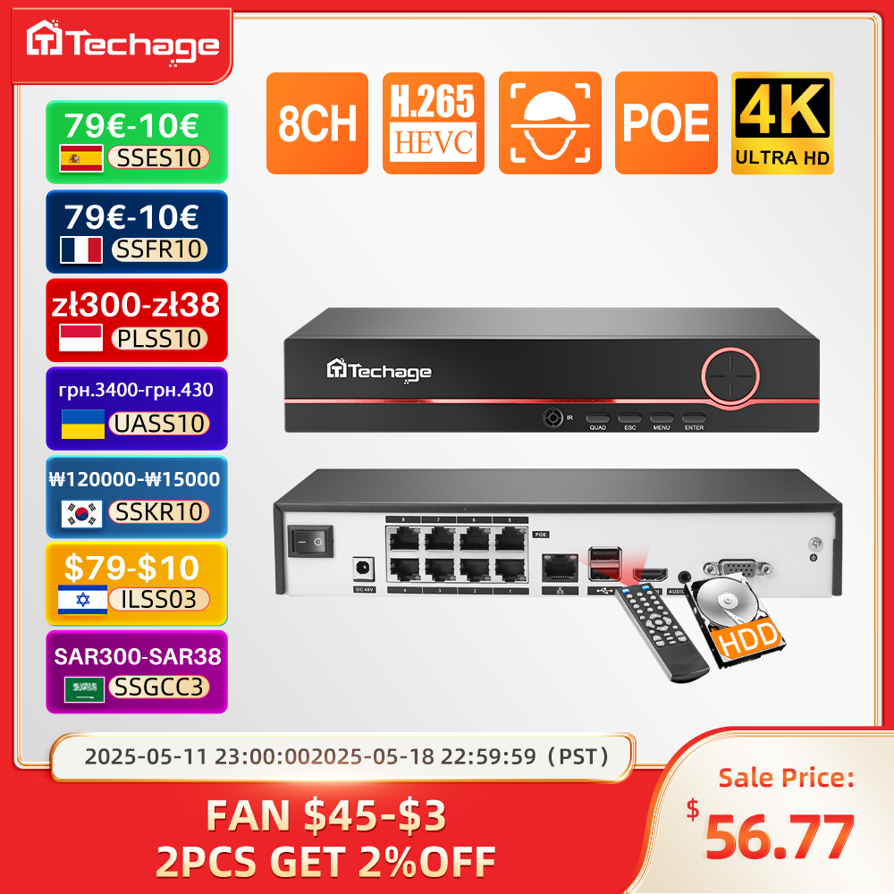 Techage H.265 8CH 4K 2K POE NVR видеорегистратор для видеонаблюдения до 16 каналов для системы видеонаблюдения POE IP-камера-рек